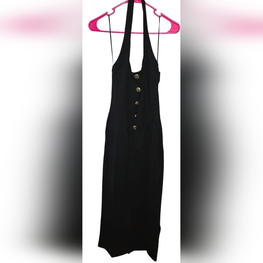 Fashion Nova Black Halter Midi Dress with Button Detail - Picture 3 of 3